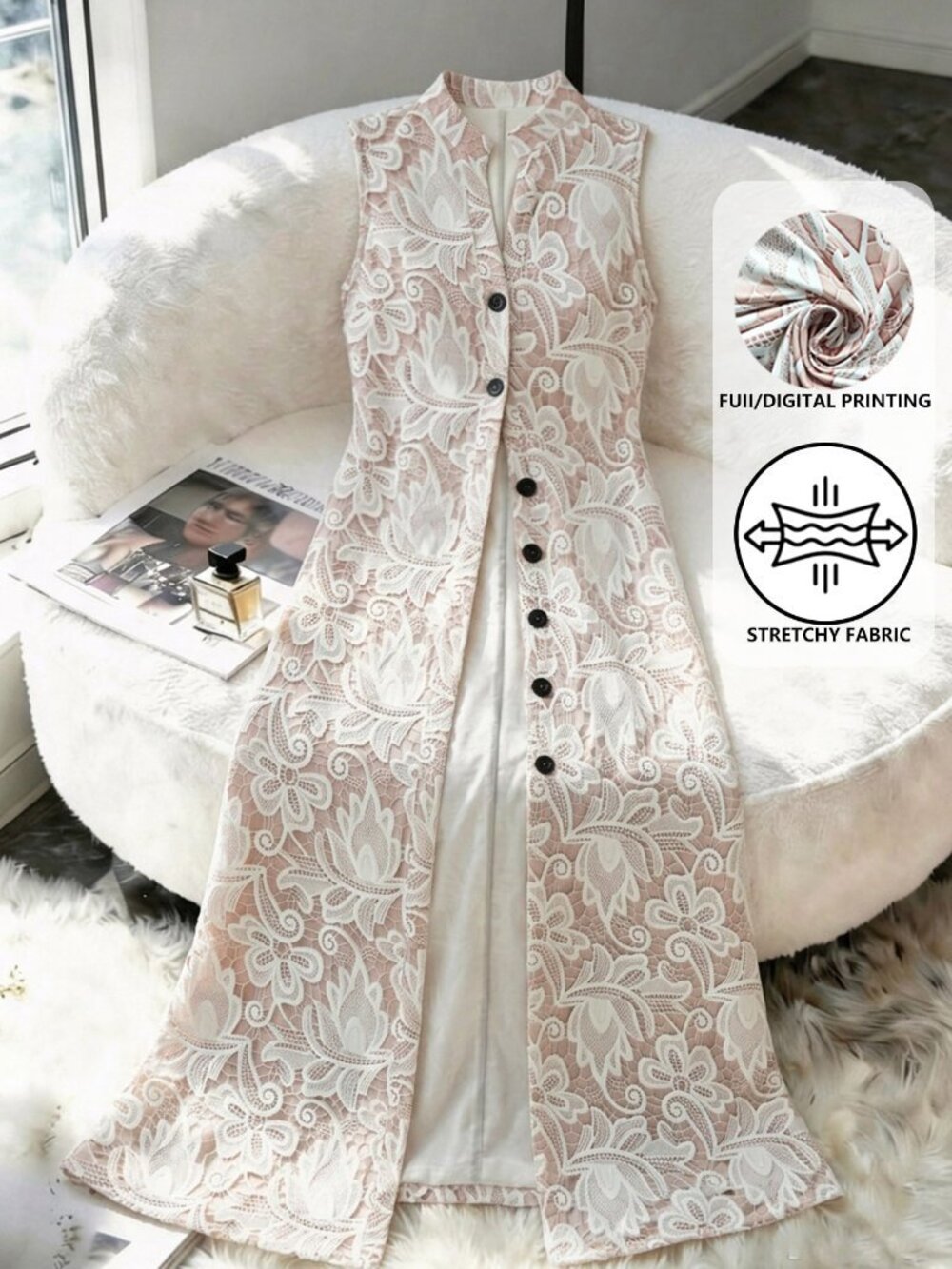 Multicolor Elegant Women's Button Up Plants Pattern Flared Long Vest - Picture 9 of 9